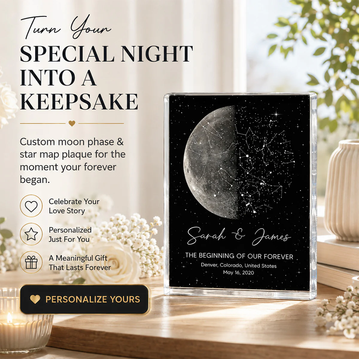 The Night It All Began Custom Moon Phase & Star Map - Personalized Acrylic Block Plaque - Gift For Couple - Image 8