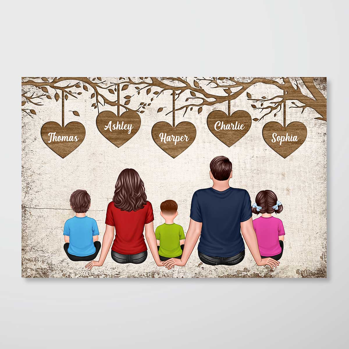 The Whole Family Couple Dad Mom Kids Dogs Cats Sitting Under Heart Tree Personalized Horizontal Poster