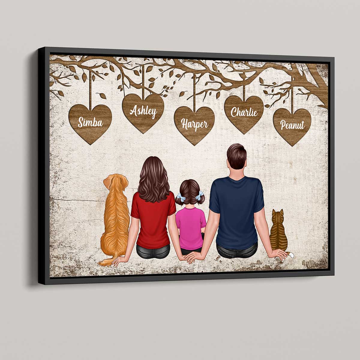 The Whole Family Couple Dad Mom Kids Dogs Cats Sitting Under Heart Tree Personalized Horizontal Poster - Image 3