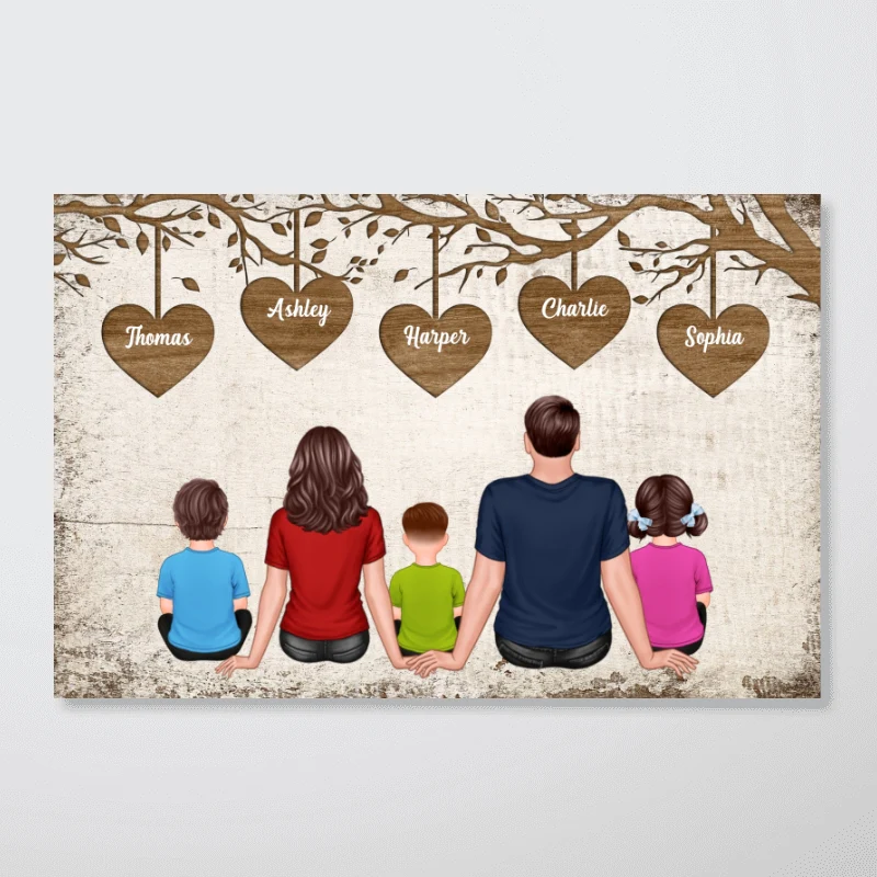 The Whole Family Couple Dad Mom Kids Dogs Cats Sitting Under Heart Tree Personalized Horizontal Poster - Image 4