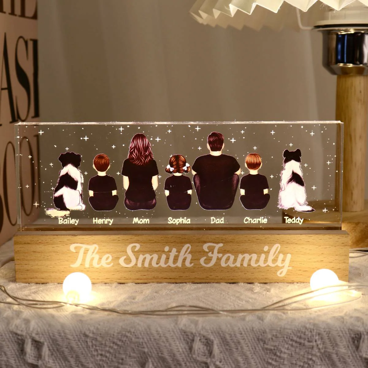The Whole Family Dad Mom Kids Dogs Cats Personalized Acrylic Block LED Night Light - Image 3