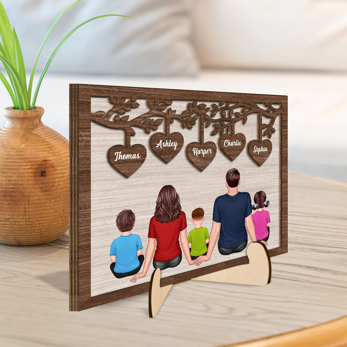 The Whole Family Sitting Under Heart Tree Personalized 2-Layered Wooden Plaque - Image 3