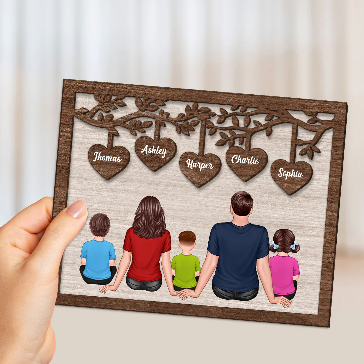 The Whole Family Sitting Under Heart Tree Personalized 2-Layered Wooden Plaque - Image 4