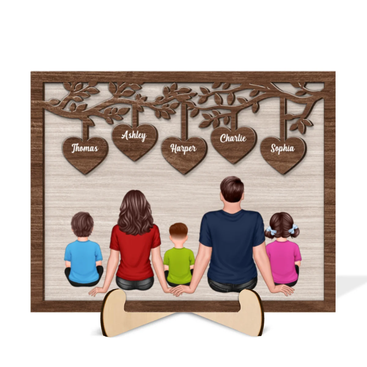 The Whole Family Sitting Under Heart Tree Personalized 2-Layered Wooden Plaque - Image 7