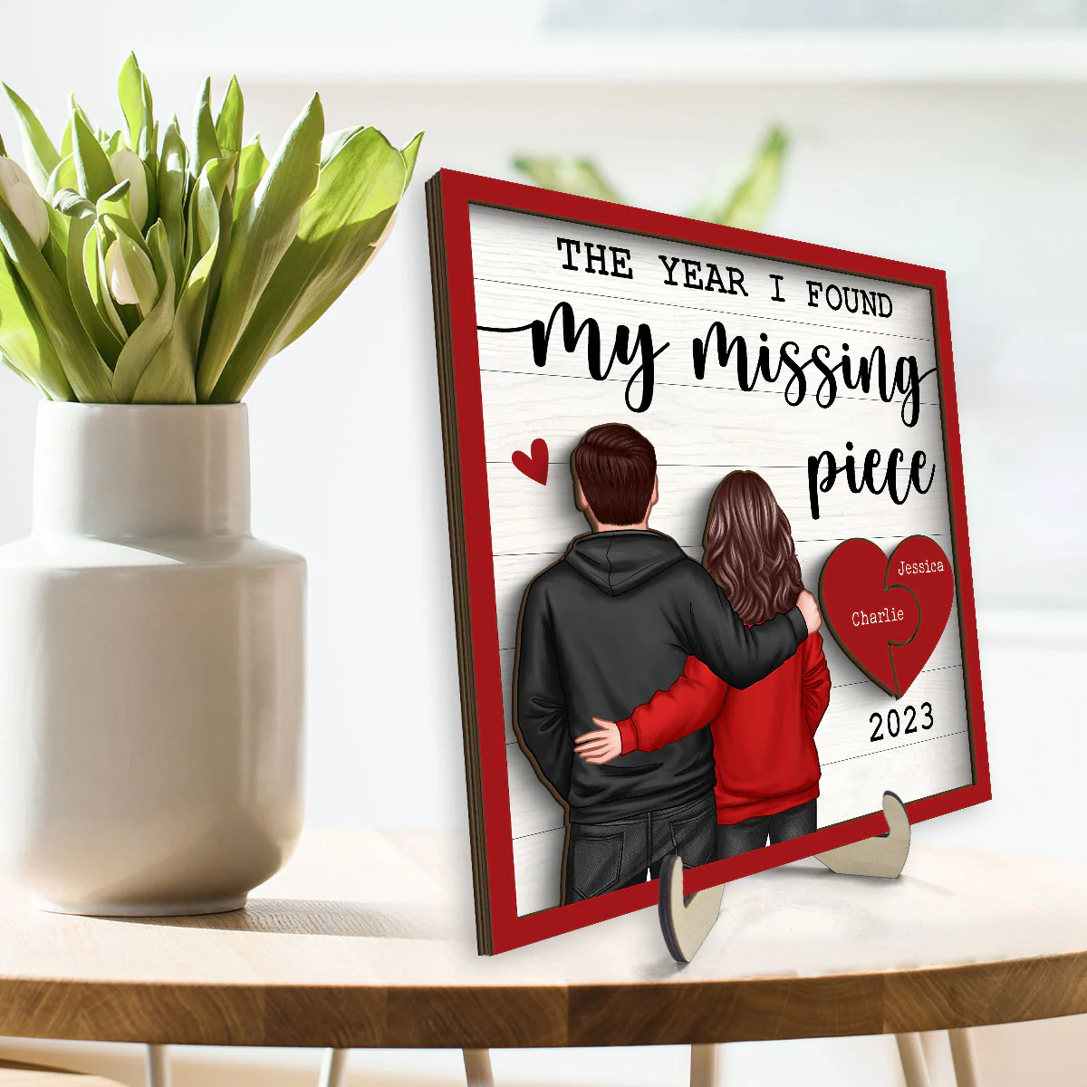 The Year I Found My Missing Piece Back View Couple Personalized 2-Layered Wooden Plaque,  Gift for him, Gift for her - Image 2