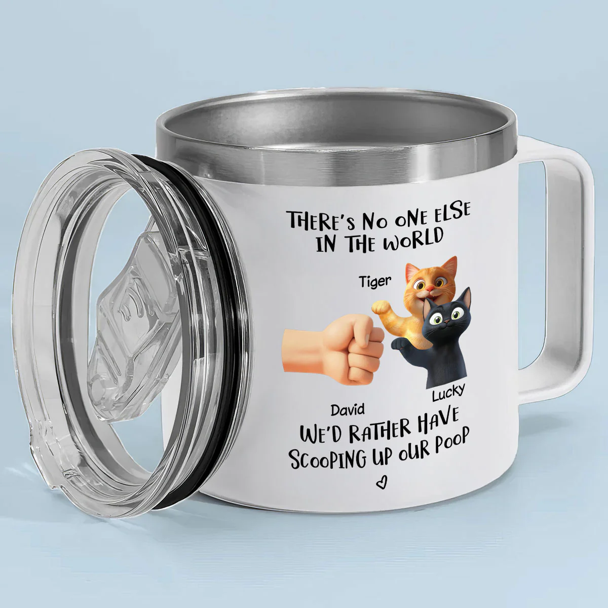 There's No One Else I'd Father Scooping Up My Poop Cat Dad, Personalized Stainless Steel Tumbler With Handle - Image 2