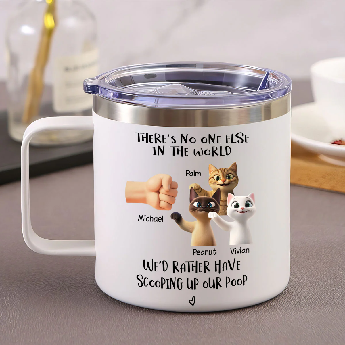 There's No One Else I'd Father Scooping Up My Poop Cat Dad, Personalized Stainless Steel Tumbler With Handle - Image 4