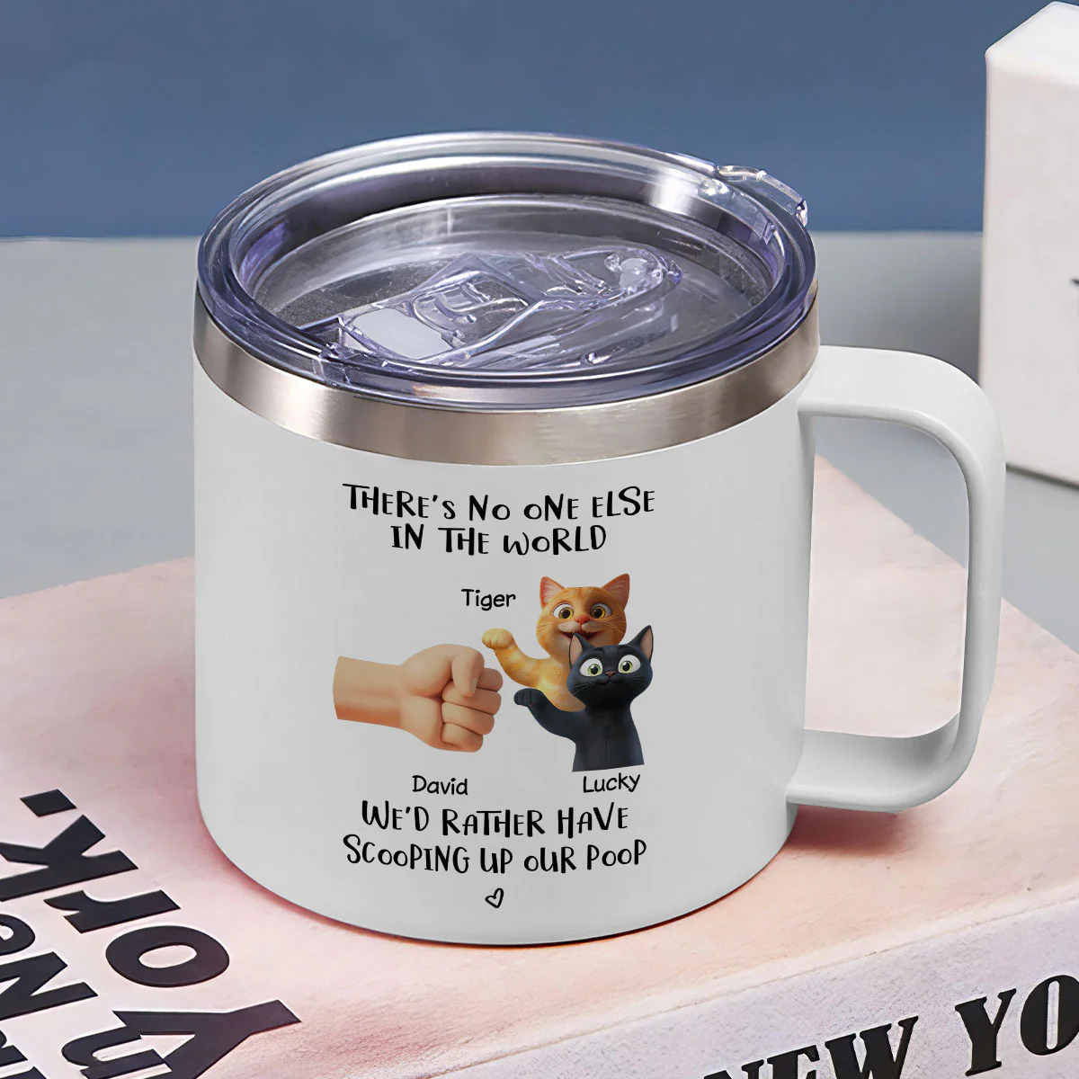 There's No One Else I'd Father Scooping Up My Poop Cat Dad, Personalized Stainless Steel Tumbler With Handle - Image 5