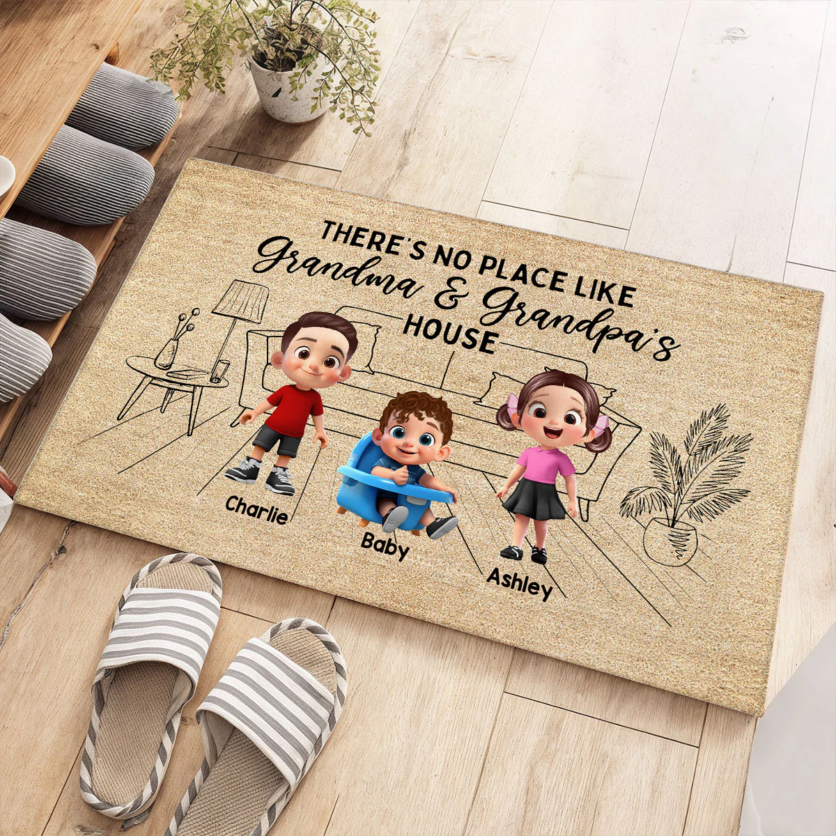 There's No Place Like Grandma Grandpa House Outline Background Personalized Doormat - Image 2