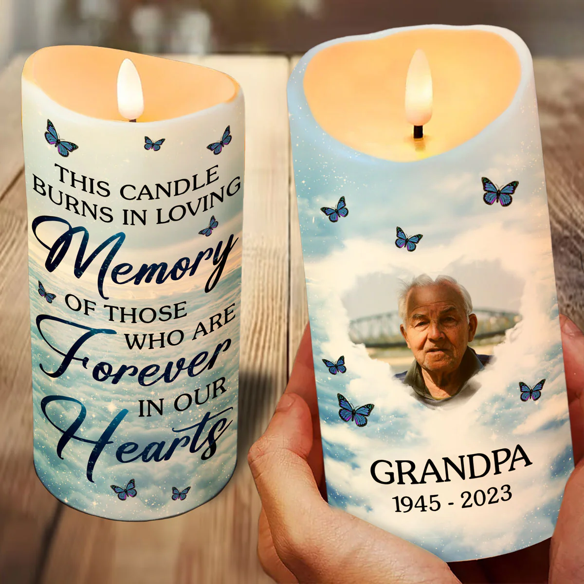 This Candle Burns In Loving Memory Sky Photo Upload Memorial Personalized LED Candle - Image 2