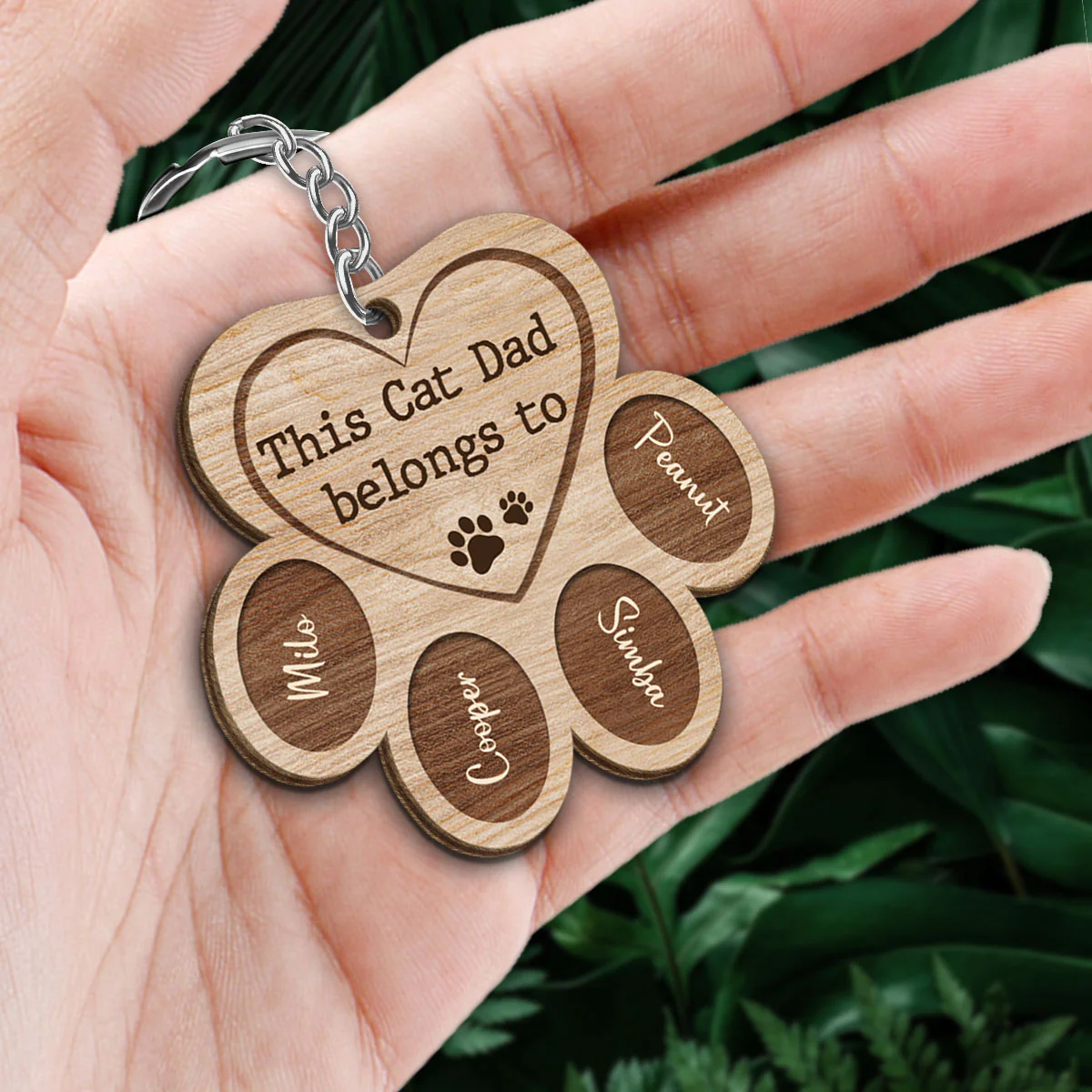 This Cat Dad Belongs To Paw Shape Personalized Wooden Keychain - Image 2