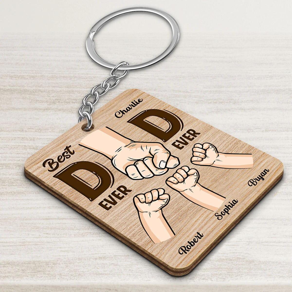 This Dad Is Loved Beyond Measure Dad And Kids Hands Fist Bump Personalized Wooden Keychain - Image 3