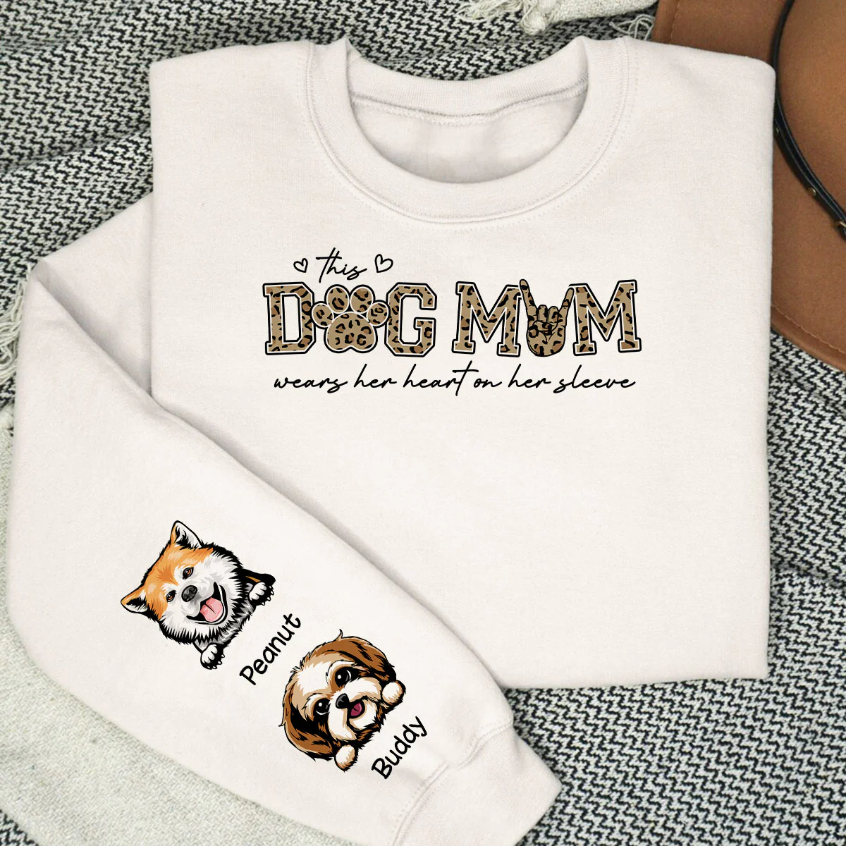 This Dog Mom Wears Her Heart On Her Sleeve, Leopard Pattern, Peeking Dog, Gift For Dog Mom, Fur Mama, Personalized Sleeve Printed Sweatshirt - Image 5