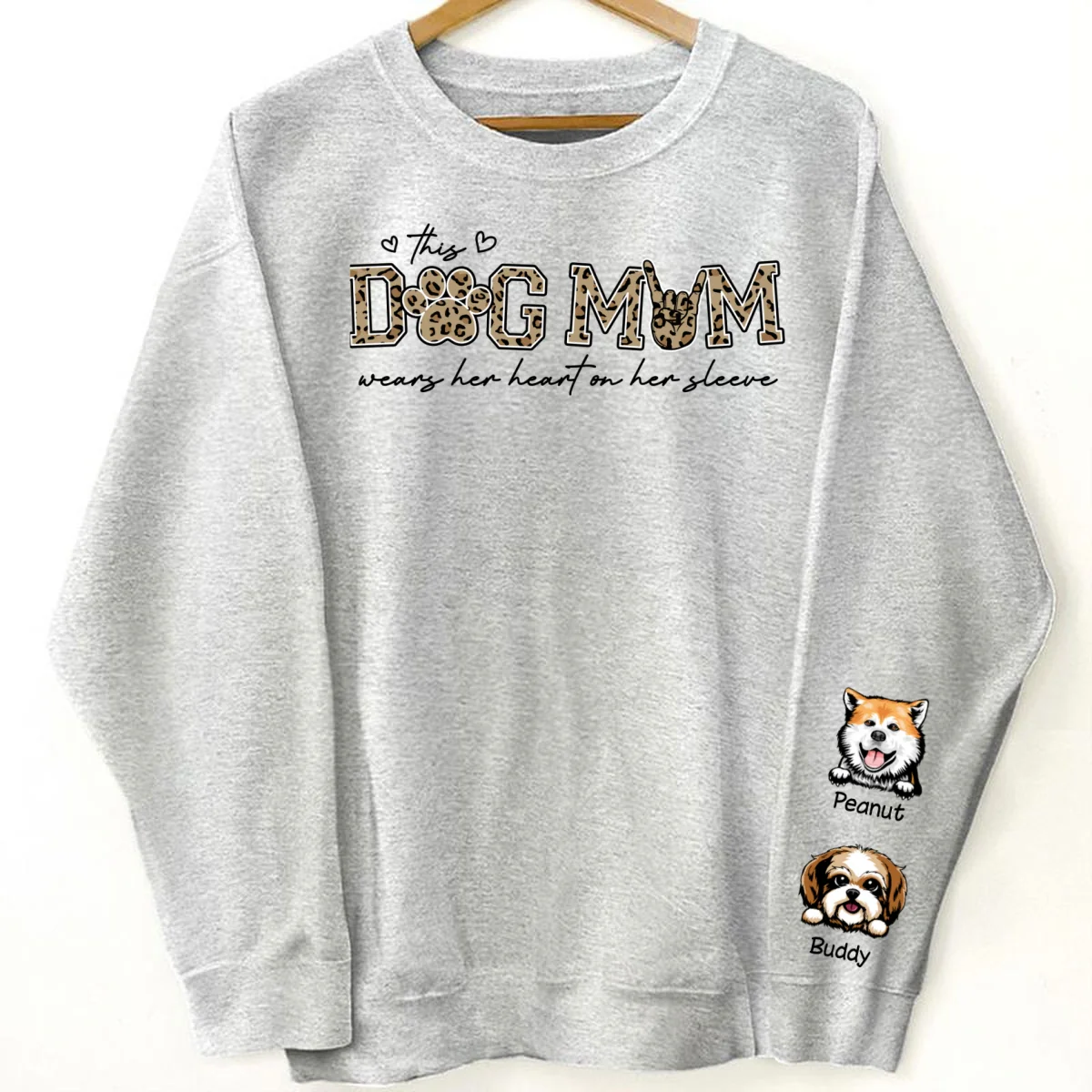 This Dog Mom Wears Her Heart On Her Sleeve, Leopard Pattern, Peeking Dog, Gift For Dog Mom, Fur Mama, Personalized Sleeve Printed Sweatshirt - Image 8
