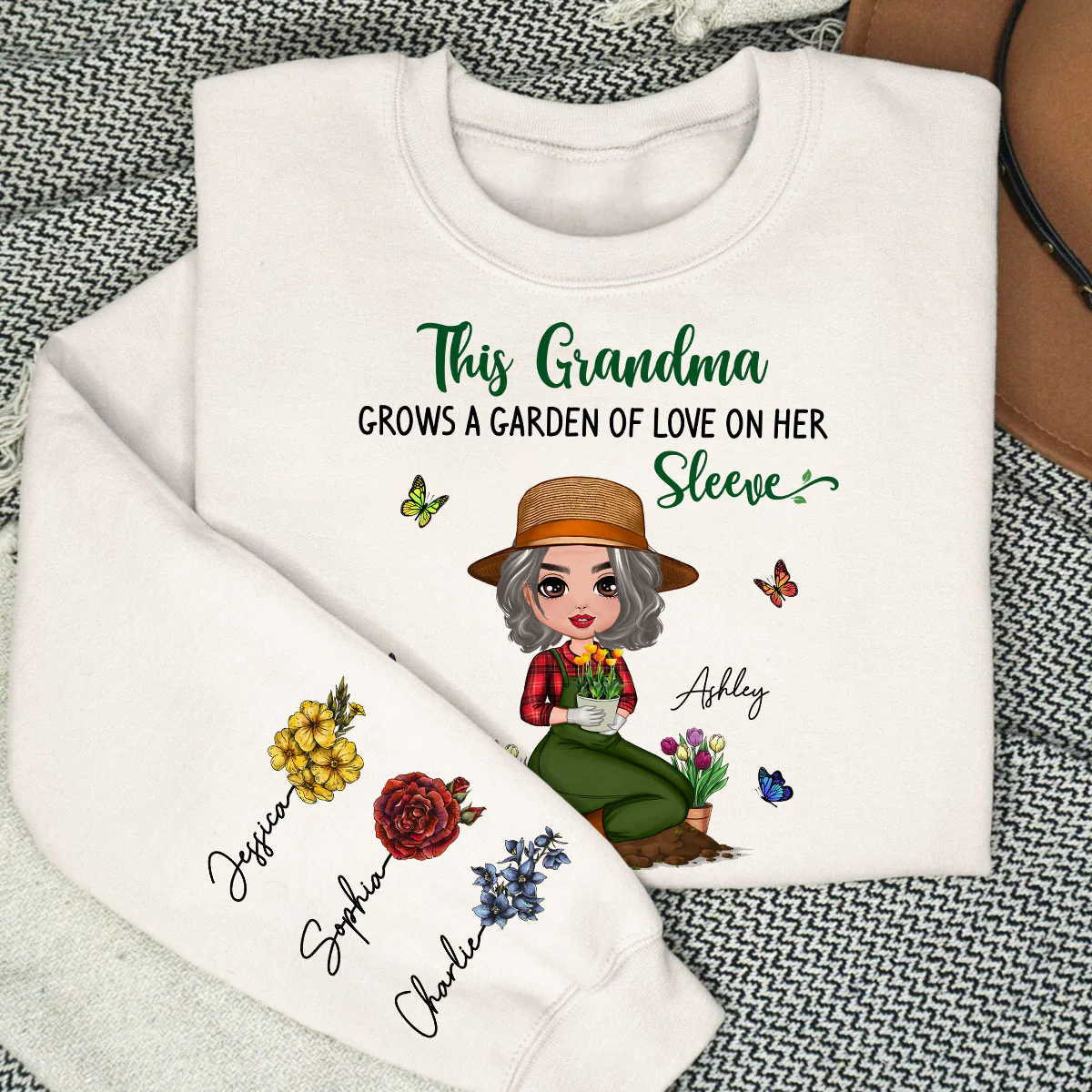 This Grandma Grows A Garden Of Love On Her Sleeve Vintage Birth Flower Personalized Sleeve Printed Sweatshirt