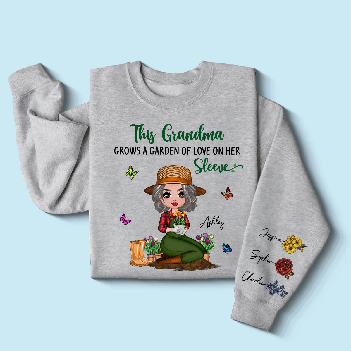 This Grandma Grows A Garden Of Love On Her Sleeve Vintage Birth Flower Personalized Sleeve Printed Sweatshirt - Image 2