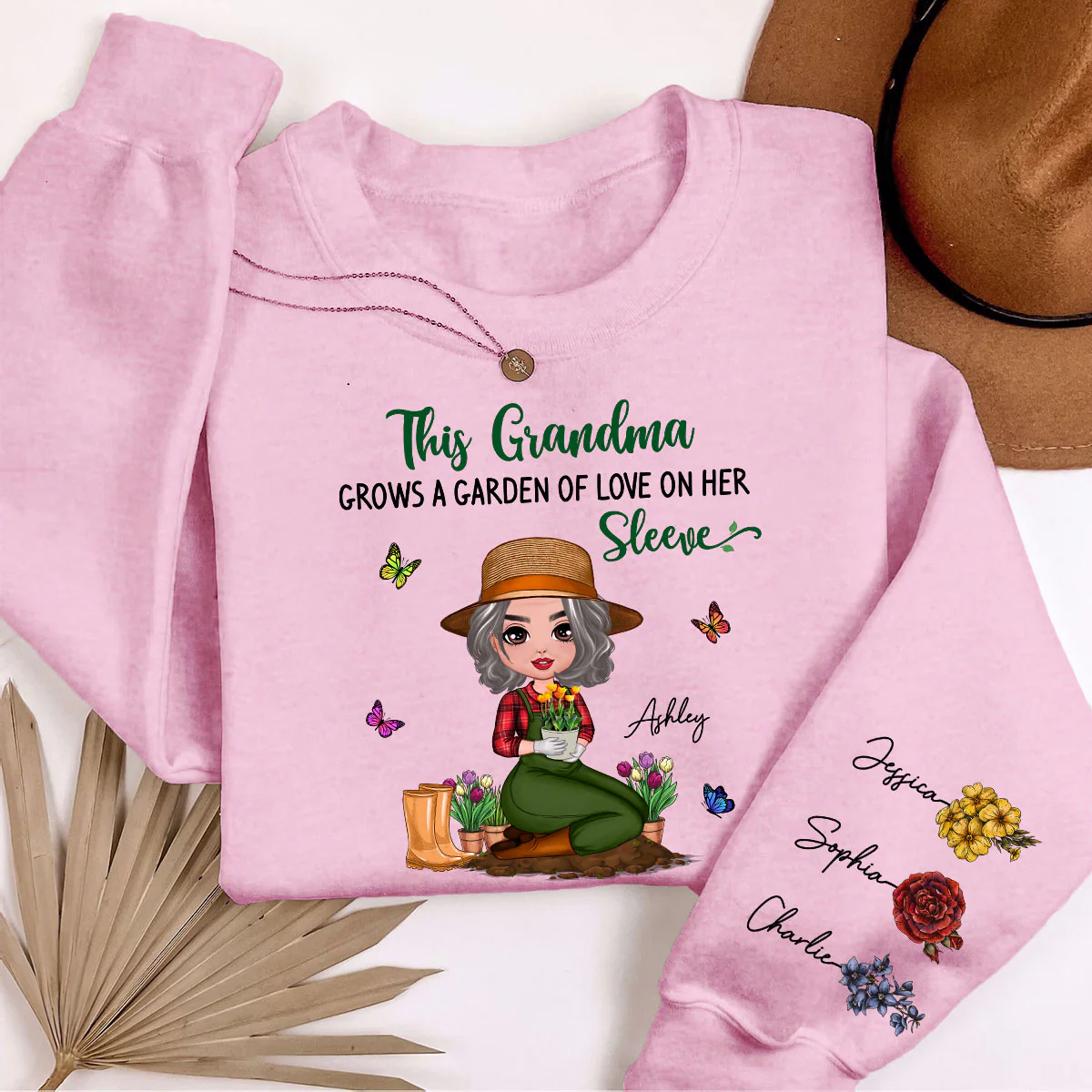 This Grandma Grows A Garden Of Love On Her Sleeve Vintage Birth Flower Personalized Sleeve Printed Sweatshirt - Image 3