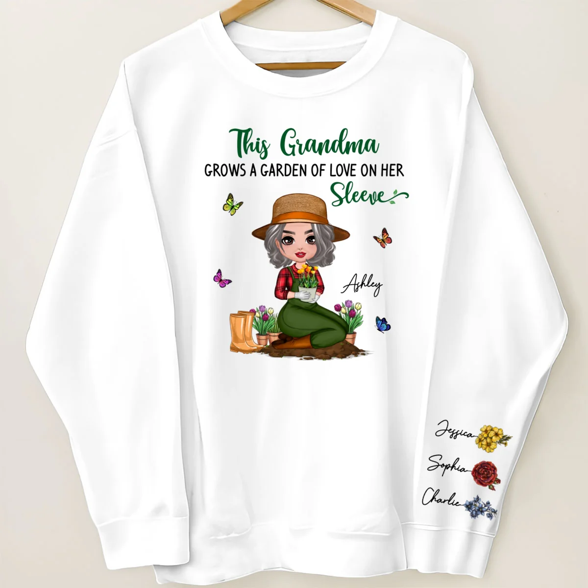 This Grandma Grows A Garden Of Love On Her Sleeve Vintage Birth Flower Personalized Sleeve Printed Sweatshirt - Image 4