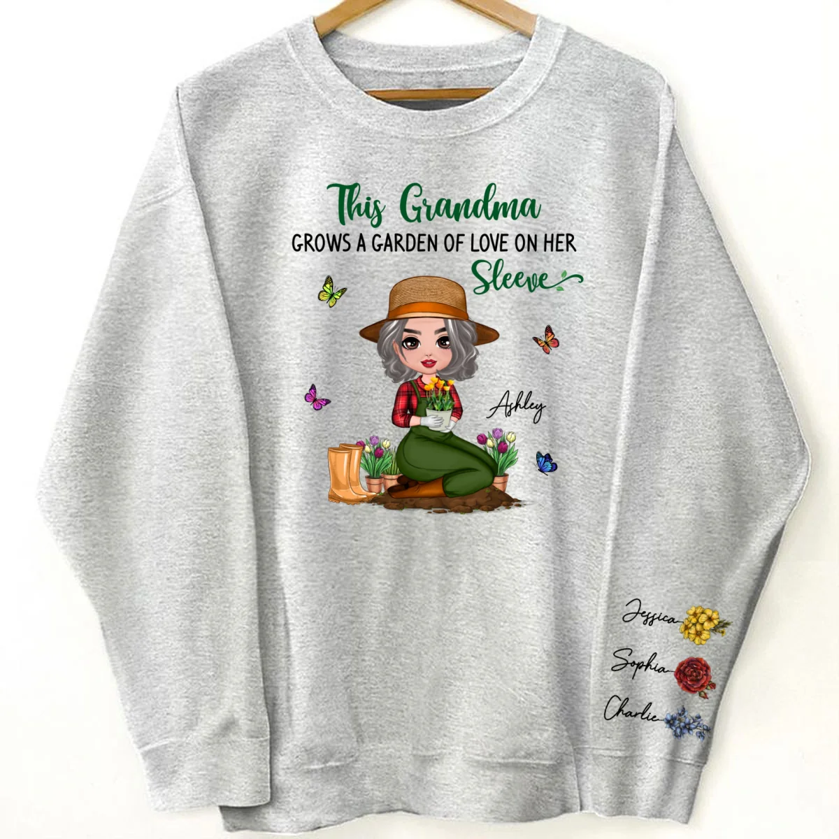This Grandma Grows A Garden Of Love On Her Sleeve Vintage Birth Flower Personalized Sleeve Printed Sweatshirt - Image 5