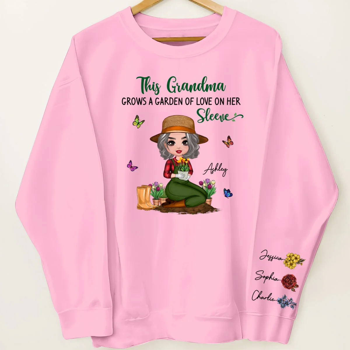 This Grandma Grows A Garden Of Love On Her Sleeve Vintage Birth Flower Personalized Sleeve Printed Sweatshirt - Image 7