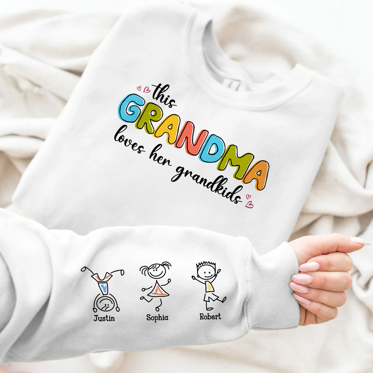 This Grandma Loves Her Grandkids Funny Cartoon Kids Personalized Sleeve Printed Sweatshirt, Gift For Mom, Grandma - Image 3