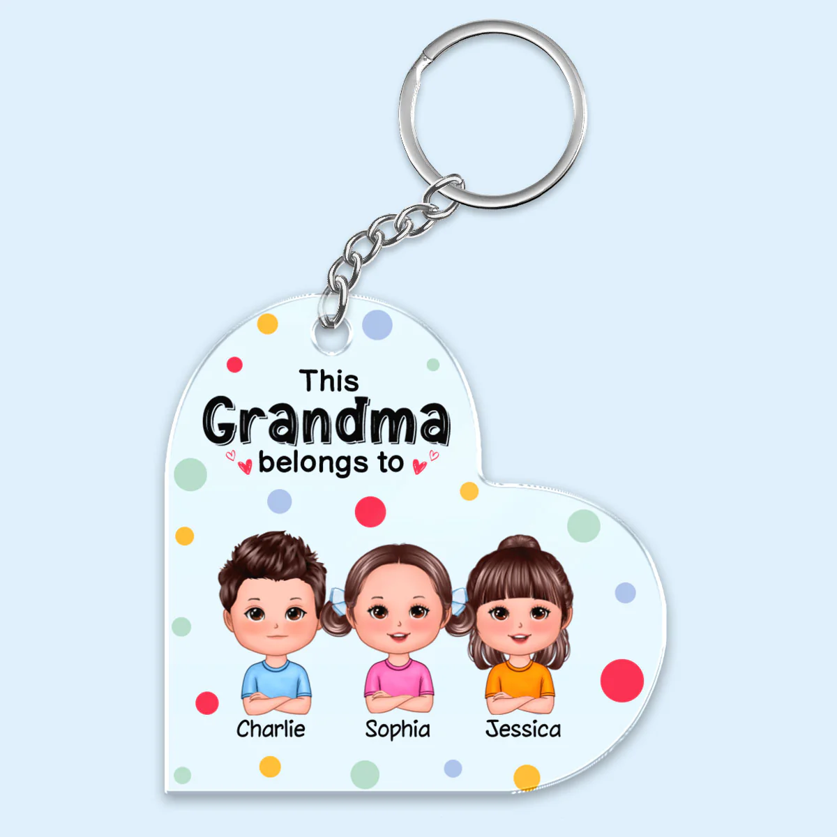 This Grandma Mom Belongs To Cute Doll Kids Colorful Dot Personalized Heart Acrylic Keychain