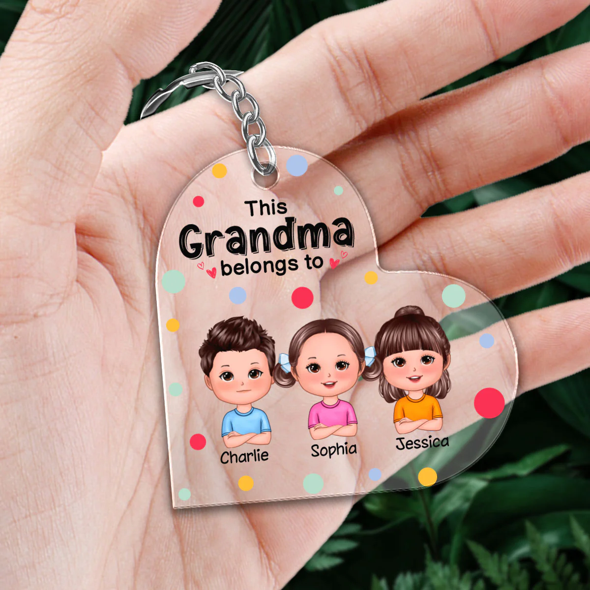 This Grandma Mom Belongs To Cute Doll Kids Colorful Dot Personalized Heart Acrylic Keychain - Image 2