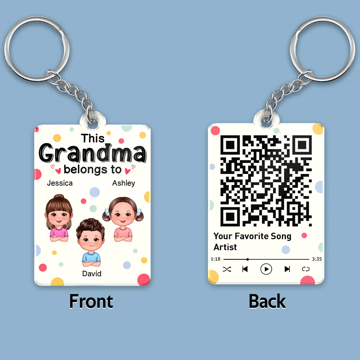 This Grandma Mom Belongs To Cute Doll Kids Colorful Dot Scannable QR Code Personalized Acrylic Keychain - Image 2