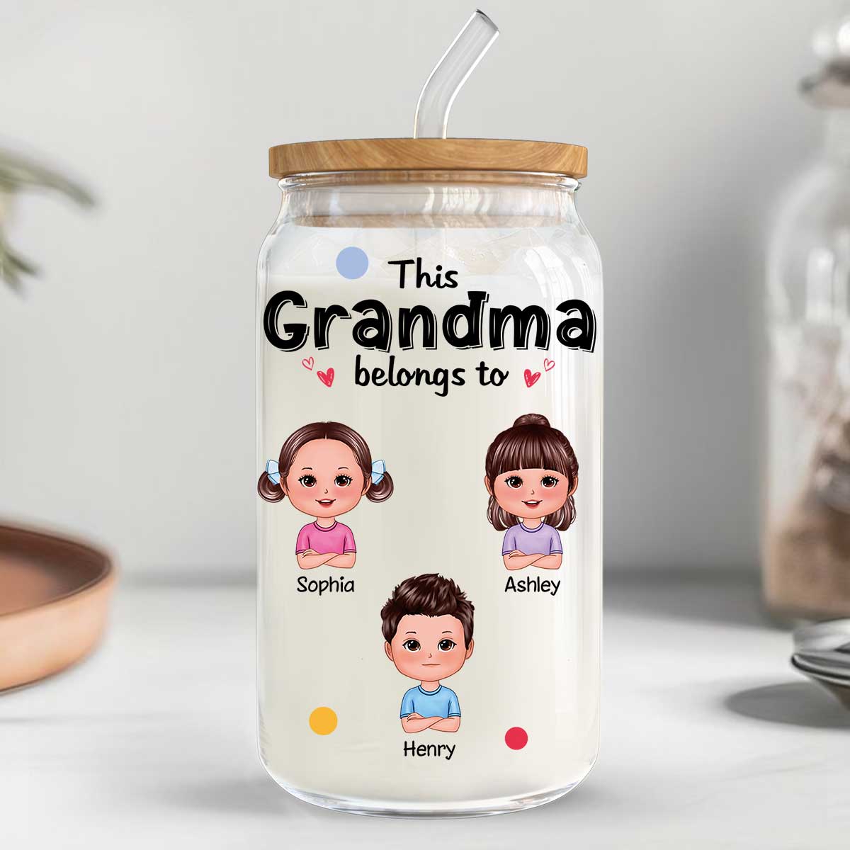 This Grandma Mom Belongs To Cute Kids Personalized Clear Glass Can - Image 2