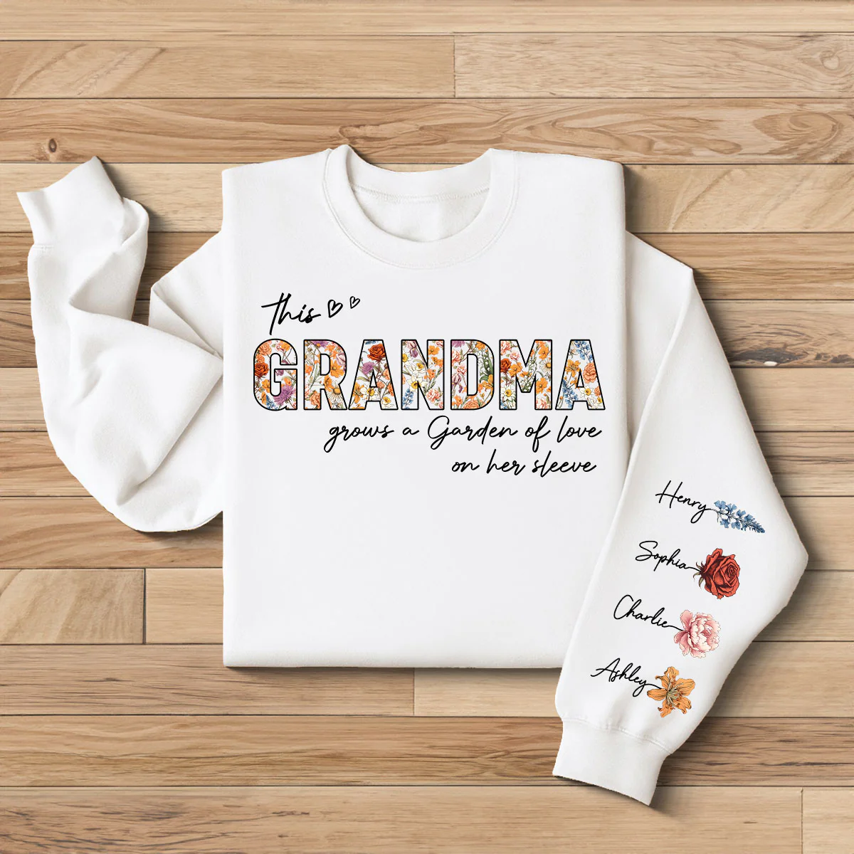 This Grandma Mom Grows A Garden Of Love On Her Sleeve Vintage Birth Flower Personalized Sleeve Printed Sweatshirt - Image 2