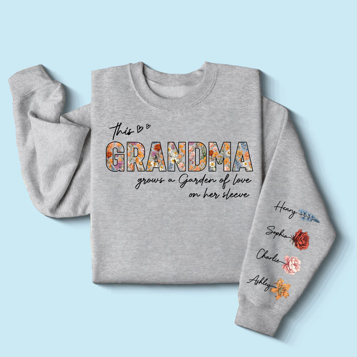 This Grandma Mom Grows A Garden Of Love On Her Sleeve Vintage Birth Flower Personalized Sleeve Printed Sweatshirt - Image 3