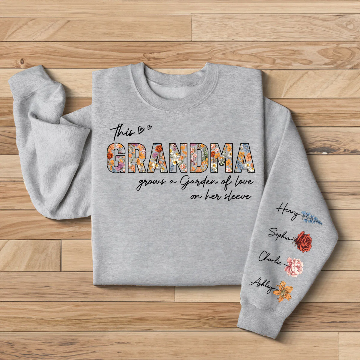 This Grandma Mom Grows A Garden Of Love On Her Sleeve Vintage Birth Flower Personalized Sleeve Printed Sweatshirt - Image 4