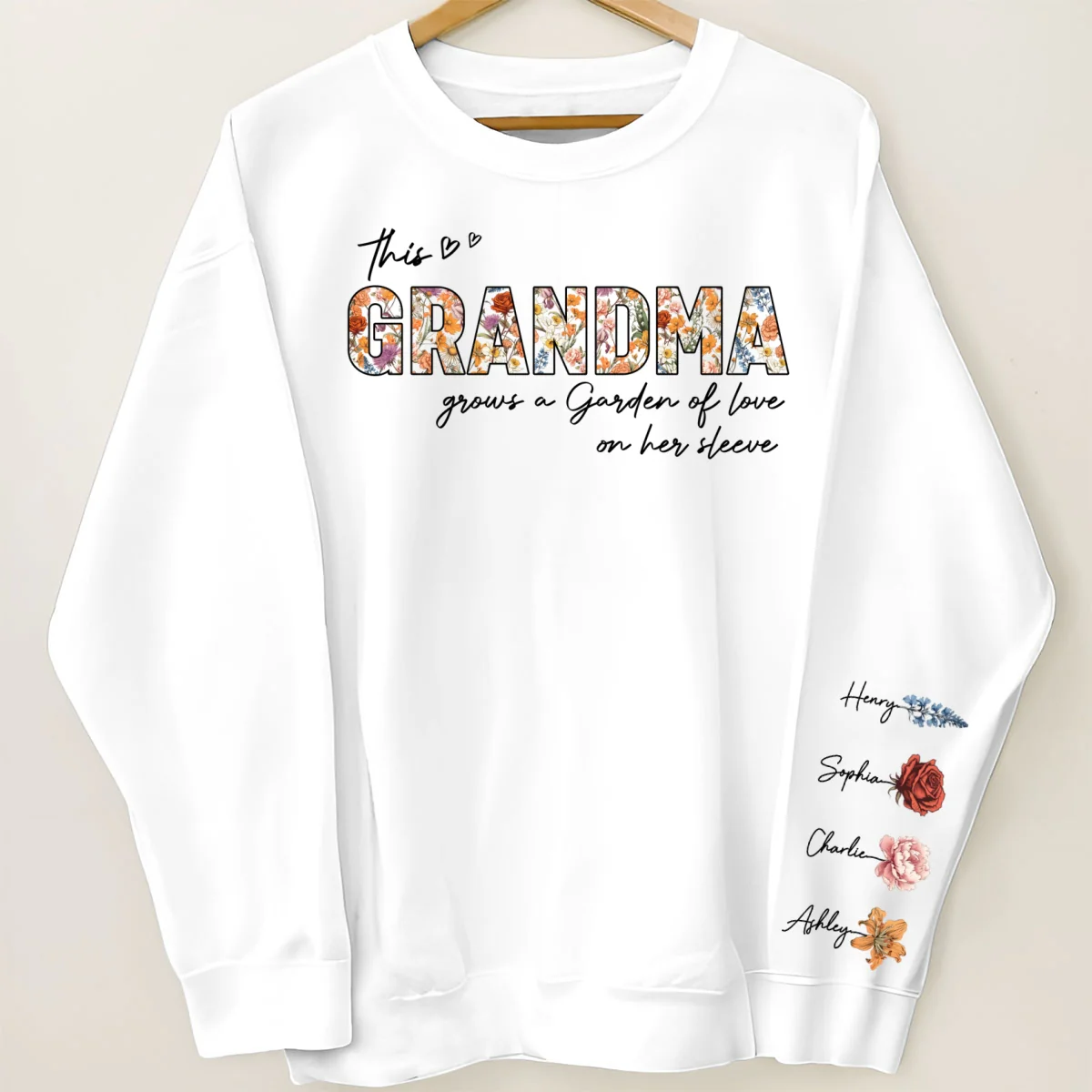 This Grandma Mom Grows A Garden Of Love On Her Sleeve Vintage Birth Flower Personalized Sleeve Printed Sweatshirt - Image 8