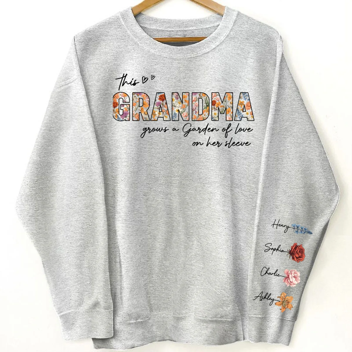 This Grandma Mom Grows A Garden Of Love On Her Sleeve Vintage Birth Flower Personalized Sleeve Printed Sweatshirt - Image 9