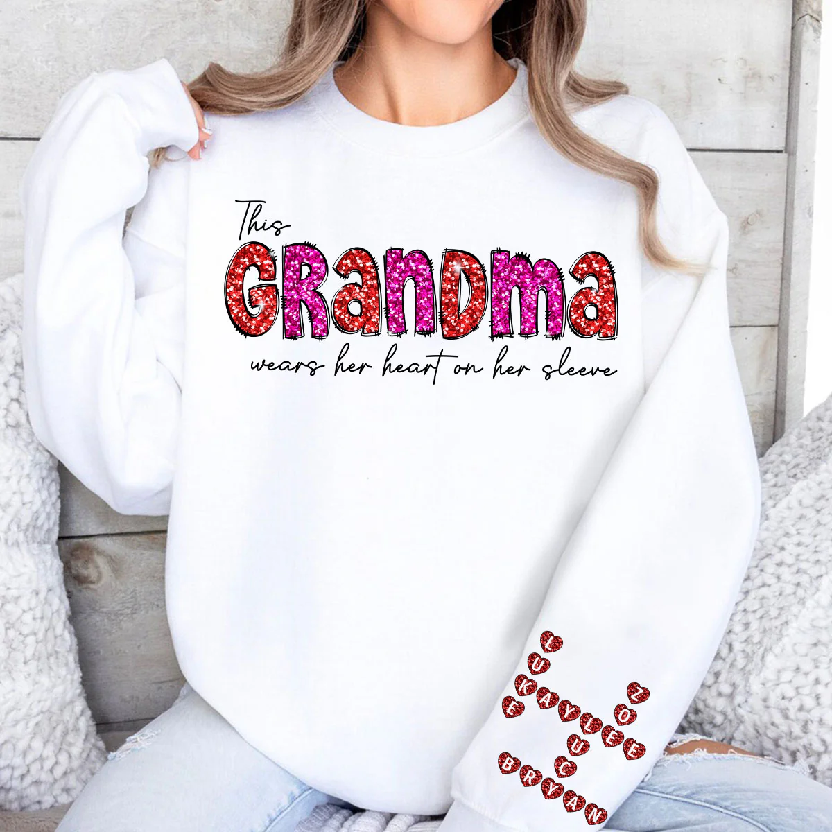 This Grandma Wears Heart On Her Sleeve Personalized Sleeve Printed Sweatshirt - Image 8