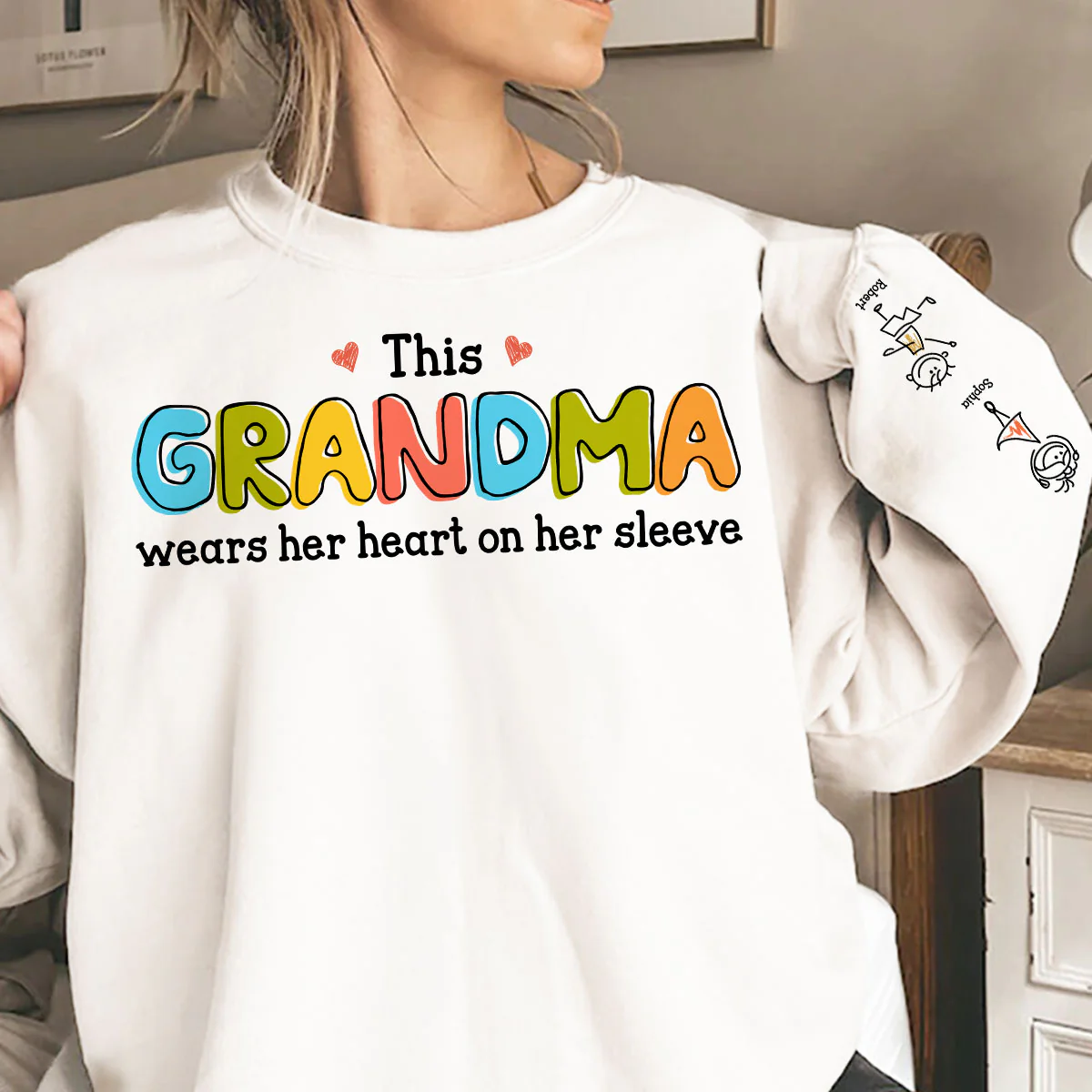 This Grandma Wears Her Heart On Her Sleeve Personalized Sleeve Printed Sweatshirt, Gift For Grandma - Image 4