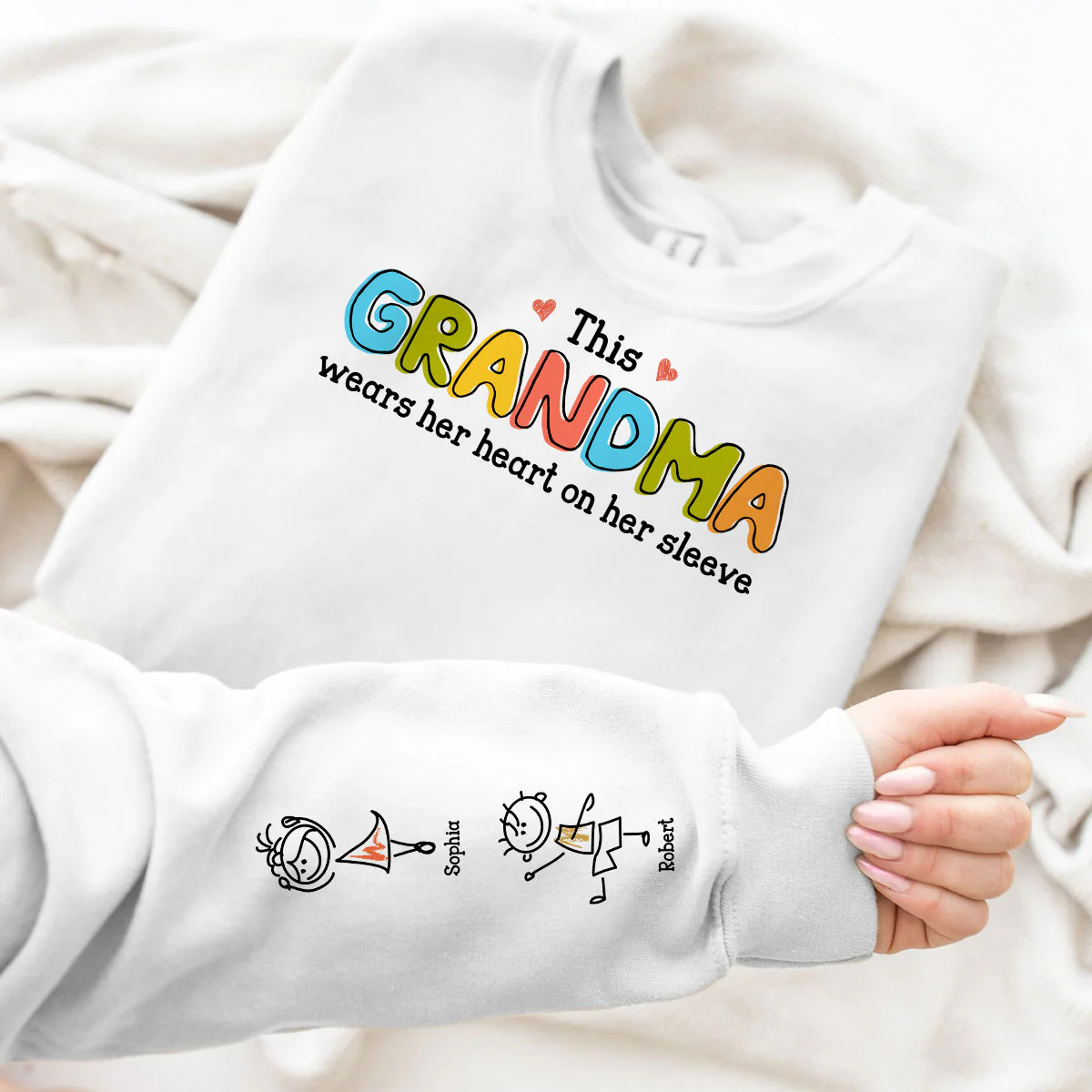 This Grandma Wears Her Heart On Her Sleeve Personalized Sleeve Printed Sweatshirt, Gift For Grandma - Image 5