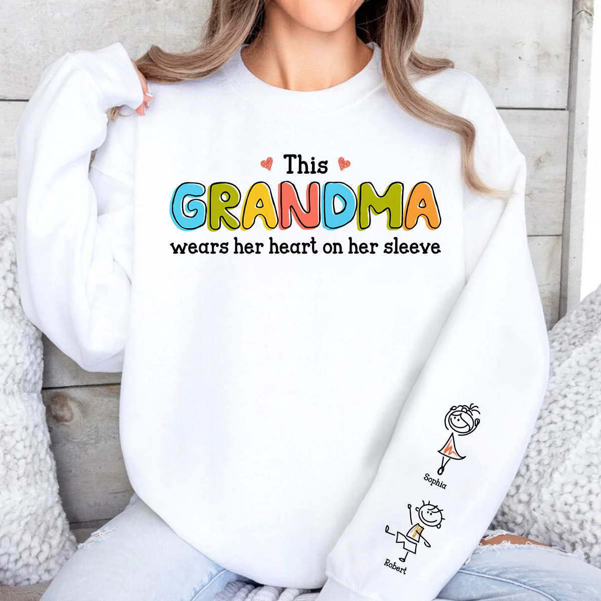 This Grandma Wears Her Heart On Her Sleeve Personalized Sleeve Printed Sweatshirt, Gift For Grandma - Image 6