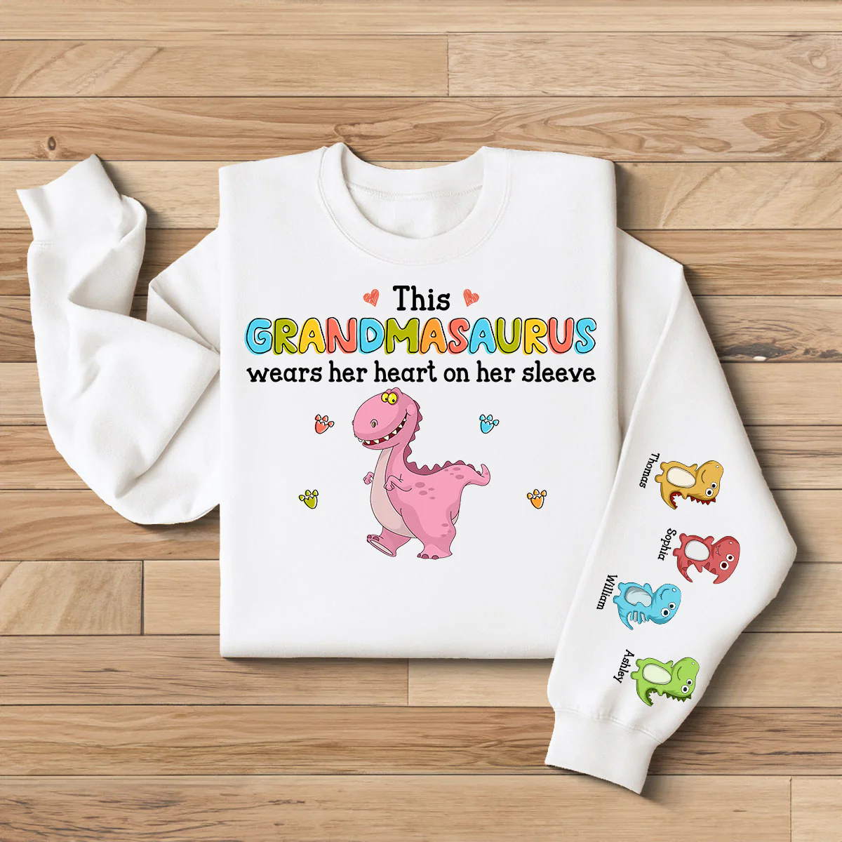 This Grandmasaurus Wears Her Heart On Her Sleeve Personalized Sleeve Printed Sweatshirt - Image 2