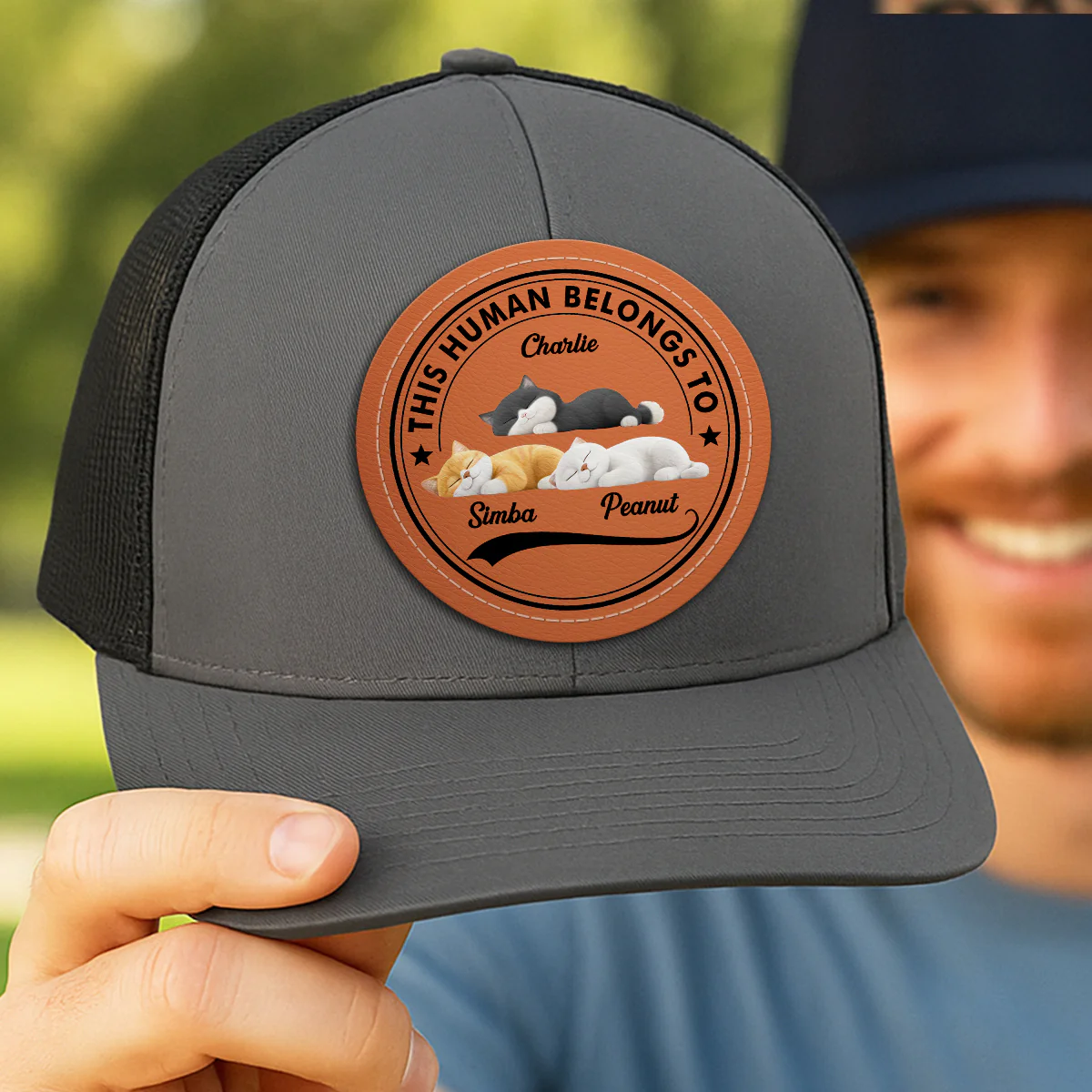 This Human Belongs To Cute Sleeping Cats Personalized Leather Patch Hat, Father's Day gift - Image 3