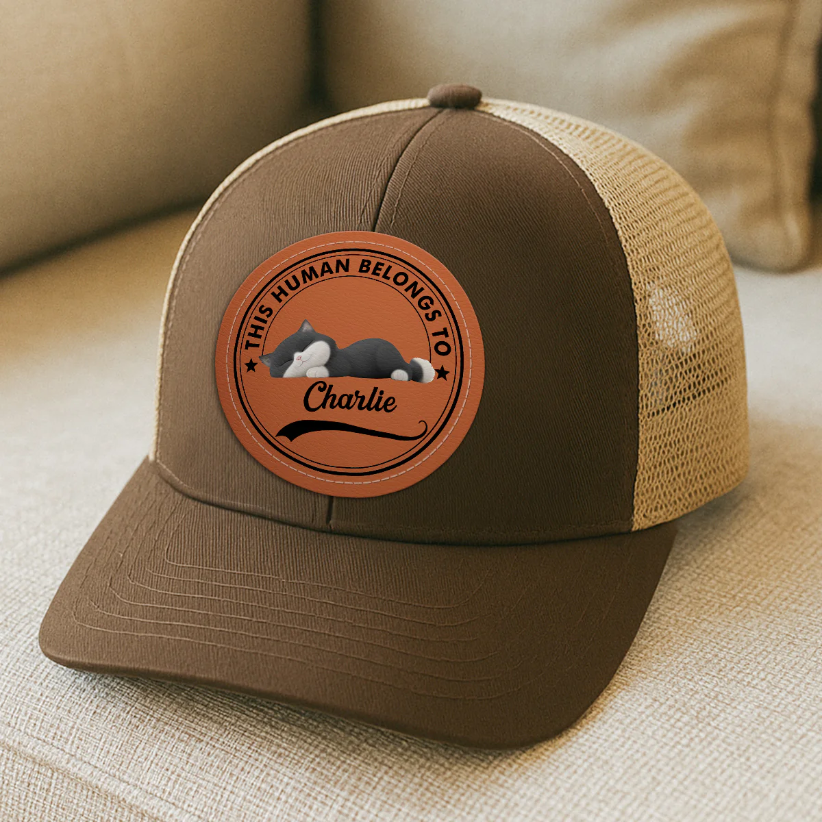 This Human Belongs To Cute Sleeping Cats Personalized Leather Patch Hat, Father's Day gift - Image 4