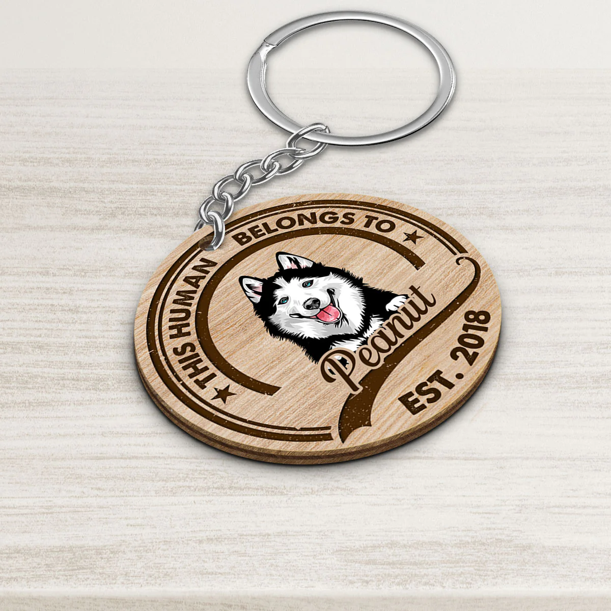 This Human Belongs To Peeking Dogs Personalized Wooden Keychain - Image 3