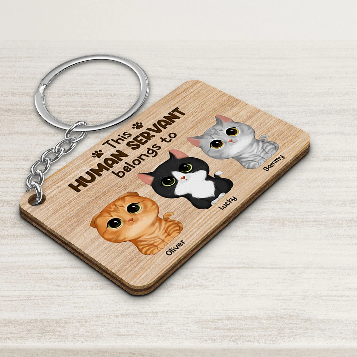 This Human Servant Belongs To Watercolor Cute Cats Personalized Wooden Keychain - Image 3