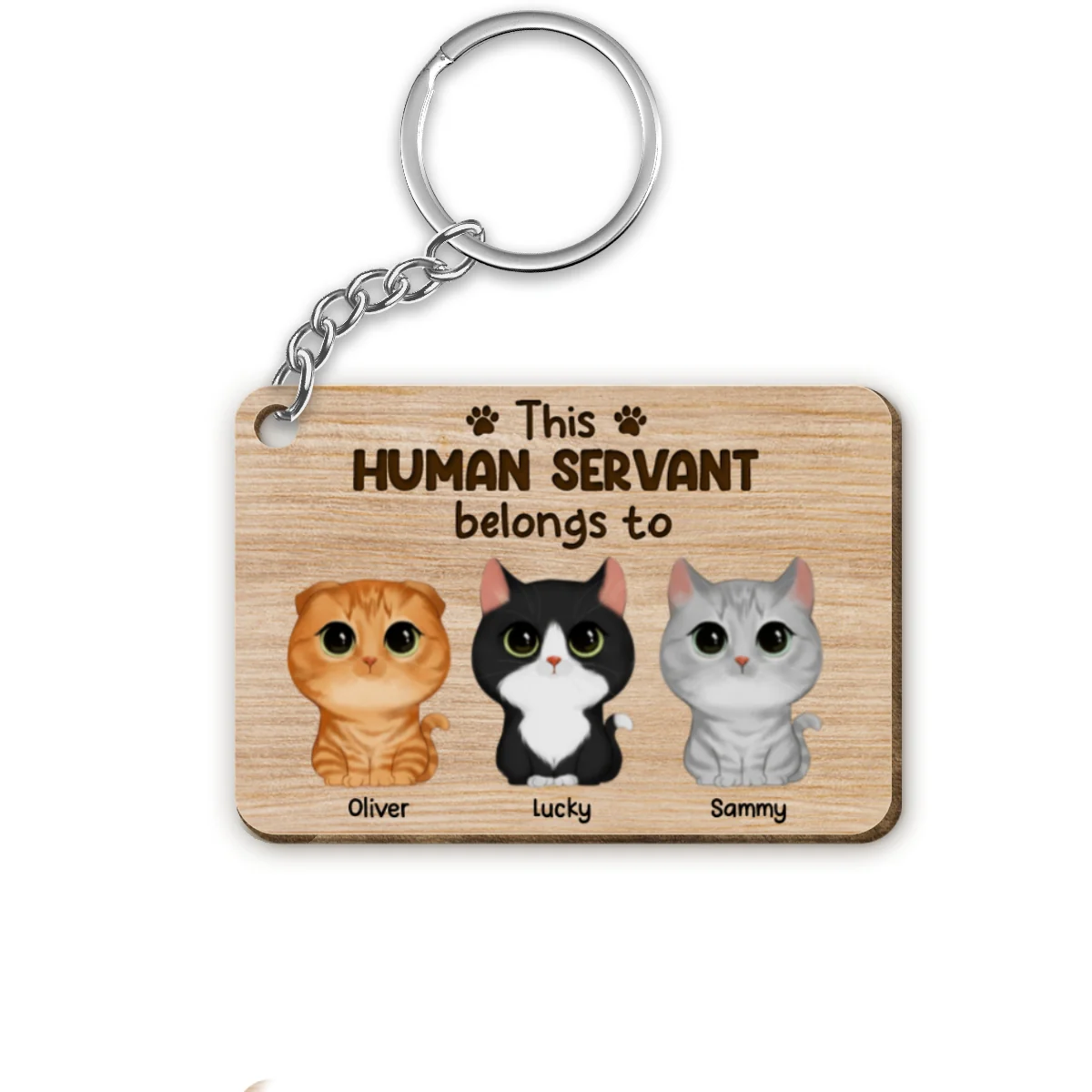 This Human Servant Belongs To Watercolor Cute Cats Personalized Wooden Keychain - Image 4
