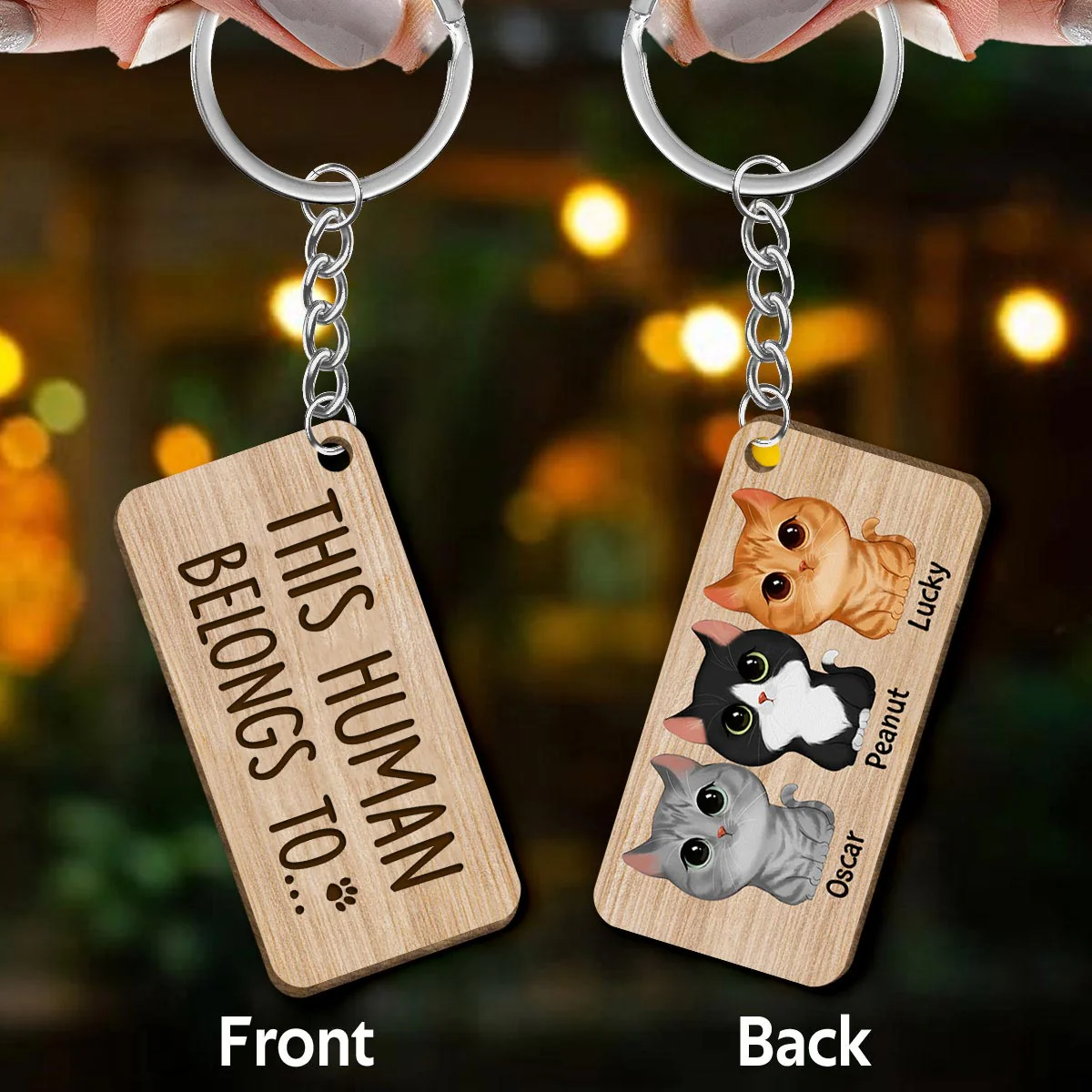 This Humans Belongs To Watercolor Cute Cats Personalized Wooden Keychain - Image 3