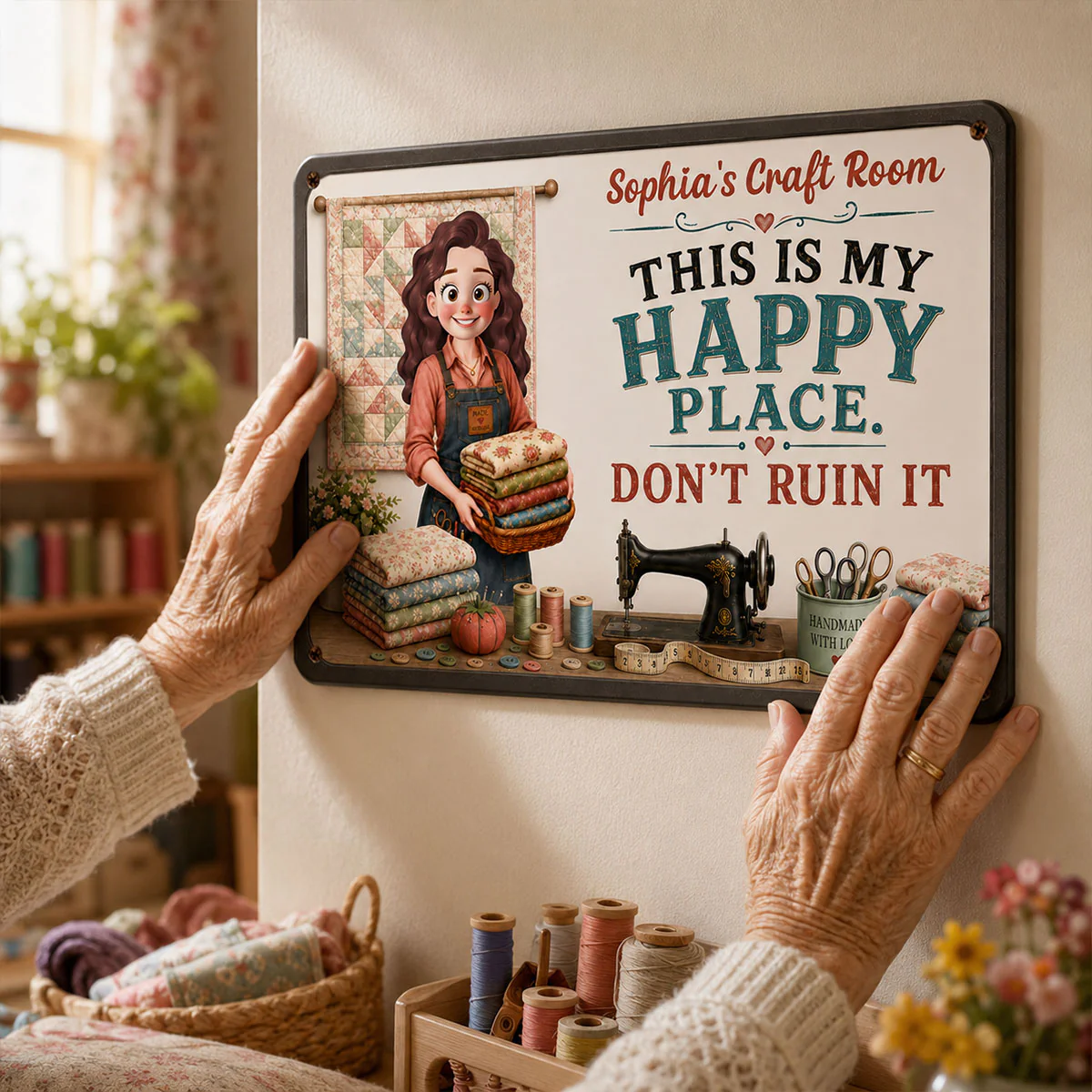 This Is My Happy Place Don't Ruin It Sewing Girl - Personalized Metal Sign - Craft Room Decor - Image 5