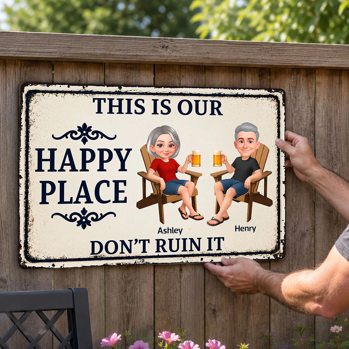 Couple This Is Our Happy Place - Personalized Metal Sign - Funny Sarcasm Decoration For Patio, Garden, Farmhouse Porch, Man Cave, Garage - Image 3