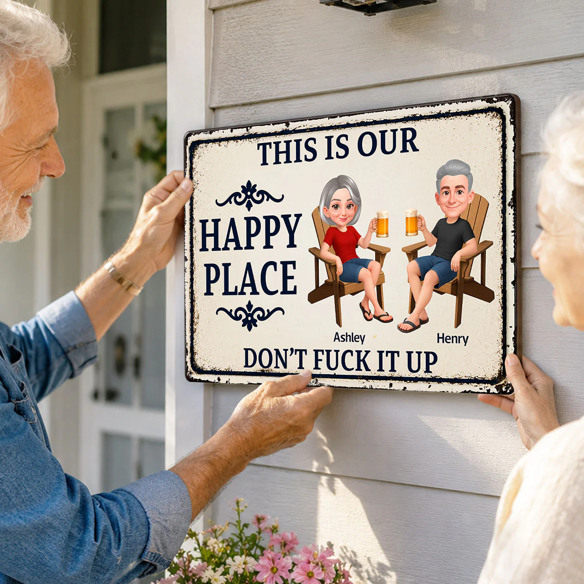 Couple This Is Our Happy Place - Personalized Metal Sign - Funny Sarcasm Decoration For Patio, Garden, Farmhouse Porch, Man Cave, Garage - Image 4