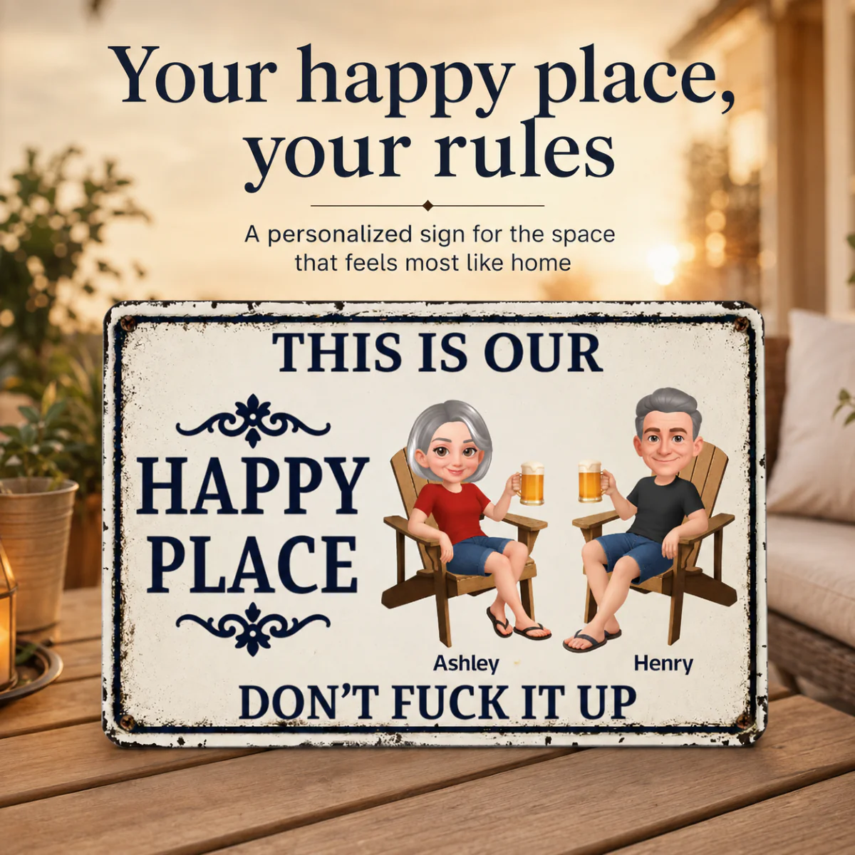 Couple This Is Our Happy Place - Personalized Metal Sign - Funny Sarcasm Decoration For Patio, Garden, Farmhouse Porch, Man Cave, Garage - Image 7