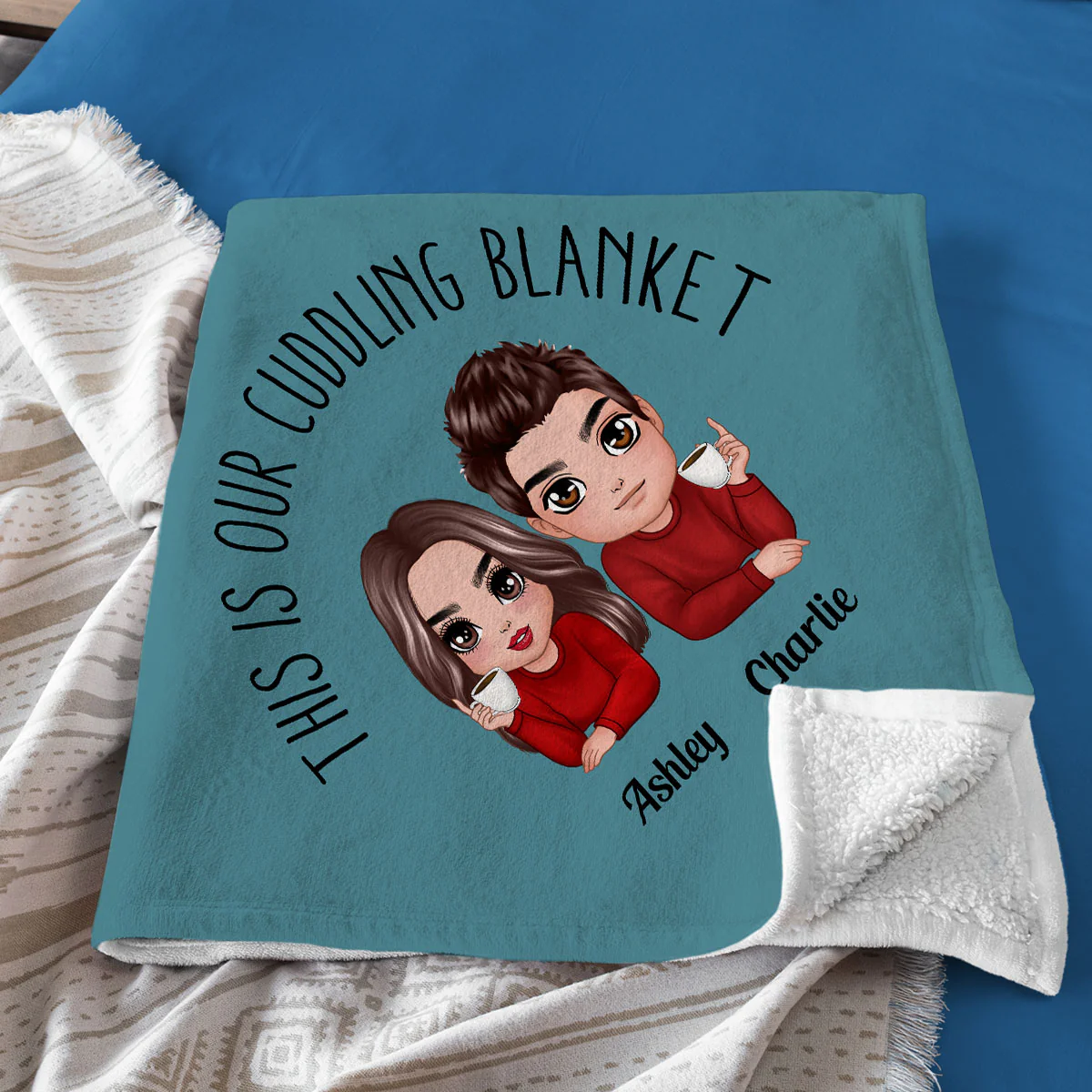 This Is Our Cuddling Blanket Couple Holding Drink On Bed Personalized Fleece Blanket - Valentine‘s Day Gift - Anniversary Gift For Him - Gift For Her - Image 6